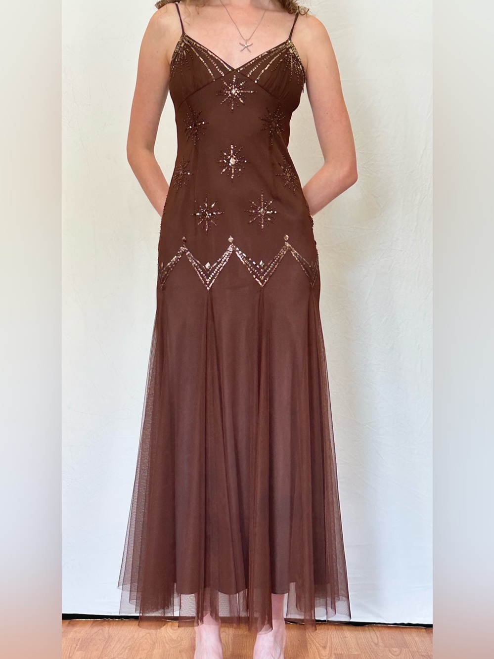 Brown Beaded Spaghetti-Strap Evening Dress